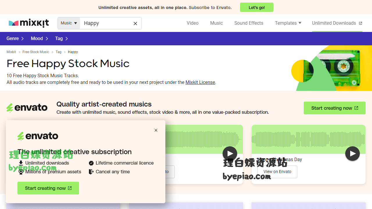 免费网站截图 - Download Free Happy Stock Music MP3 | Mixkit界面展示