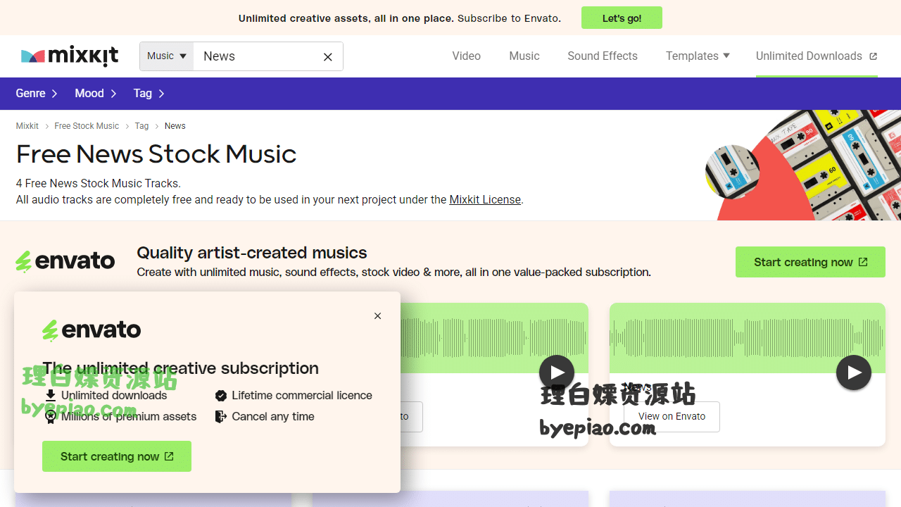 免费网站截图 - Download Free News Stock Music MP3 | Mixkit界面展示