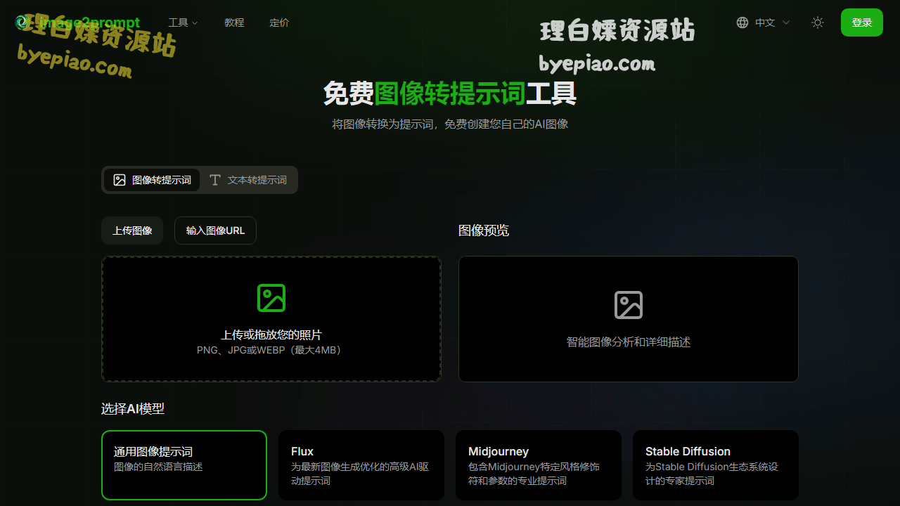 AI绘画神器:image2prompt免费图像转提示词工具,Midjourney/Stable Diffusion必备! 1 实用工具网站截图 - 免费图像转提示词工具 - image2prompt.net界面展示