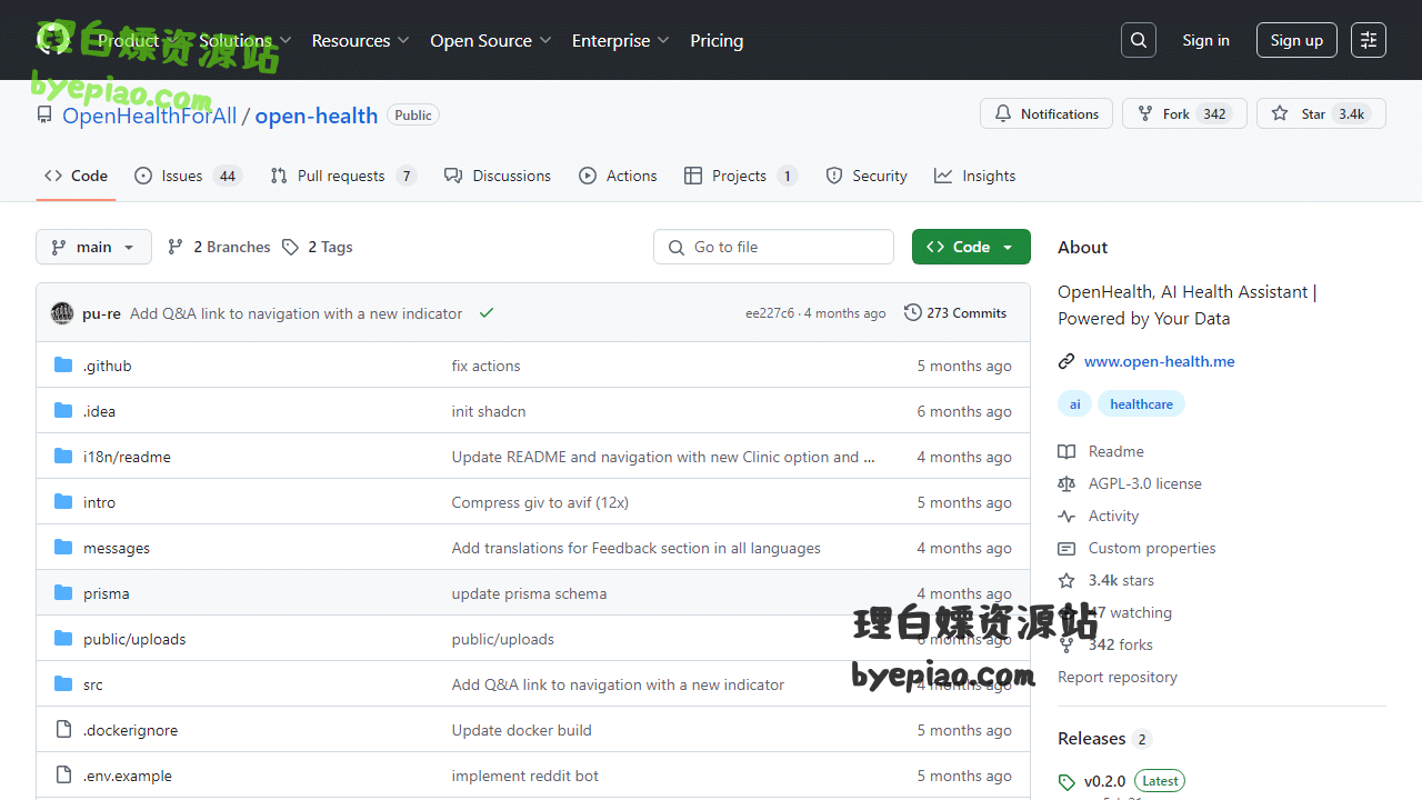 开源项目网站截图 - GitHub