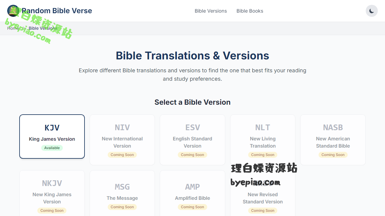 实用工具网站截图 - Bible Versions | Random Bible Verse Generator界面展示