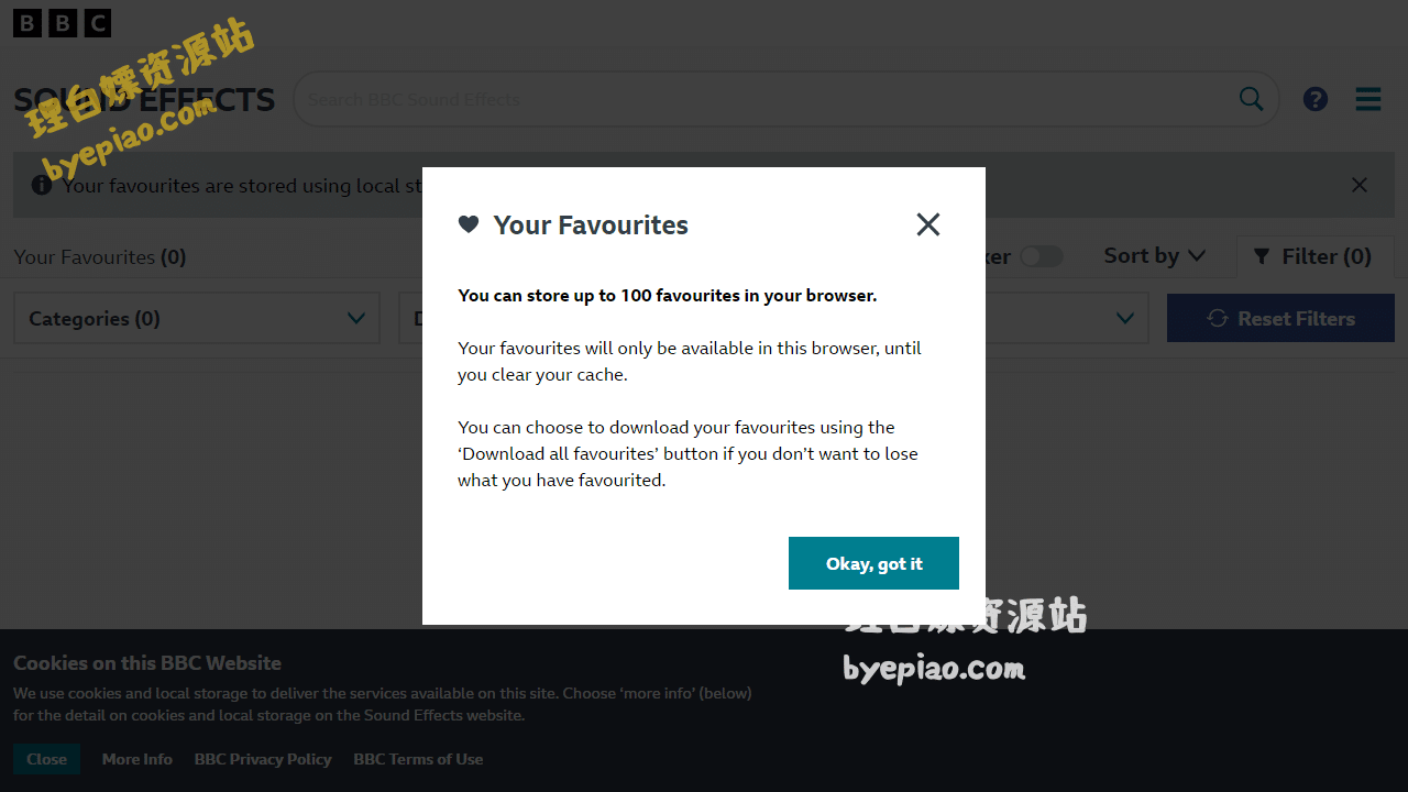 实用工具网站截图 - My Favourites | BBC Sound Effects界面展示