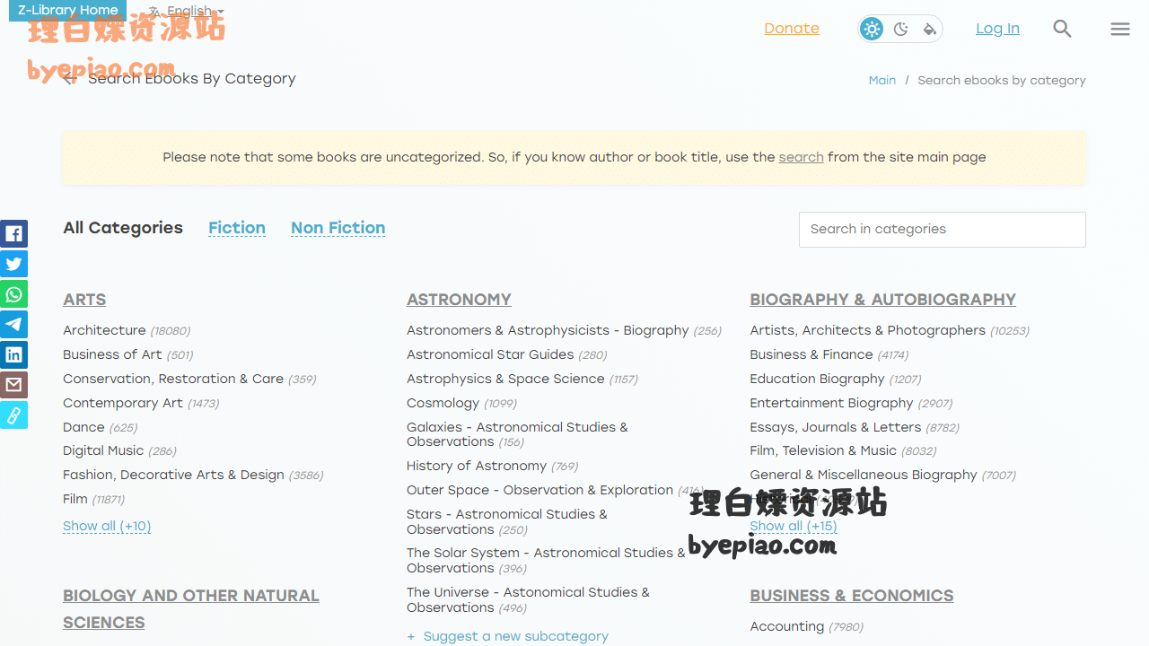 实用工具网站截图 - Category list | Z-Library界面展示