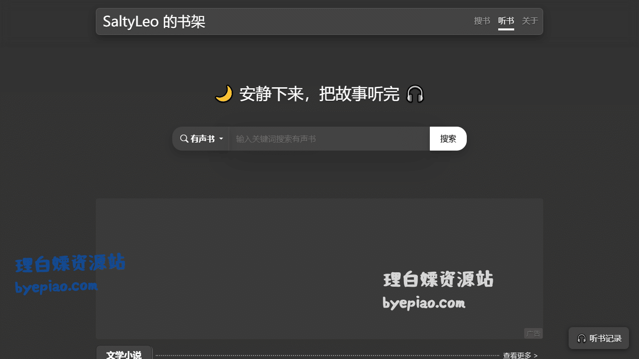 实用工具网站截图 - 听书 - SaltyLeo 的书架界面展示