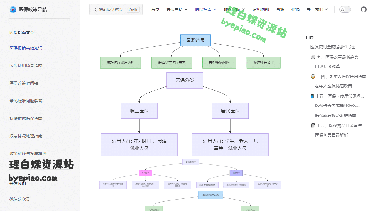 实用工具网站截图 - 🏥 医保报销全攻略 - 看完就能轻松报销 | 医保政策导航界面展示