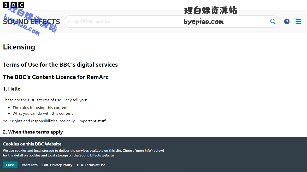 实用工具网站截图 - Licensing | BBC Sound Effects界面展示