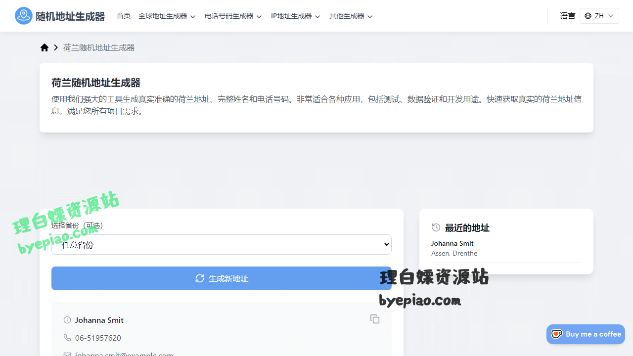 实用工具网站截图 - 荷兰随机地址生成器 – 立即生成真实的荷兰地址界面展示