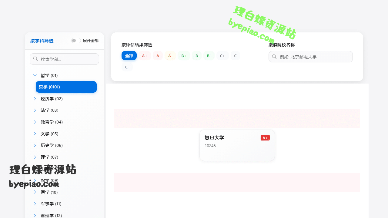 中国高校学科评估排名系统-按学科查询专业学习平台界面