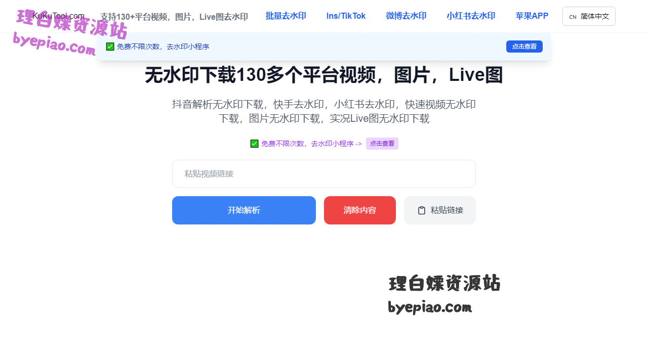 快手去水印|抖音去水印|小红书去水印|R转换工具界面