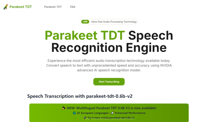 Parakeet TDT：AI极速语音转文字革新，60分钟音频1秒转录，98%超高准确率！-理白嫖资源站